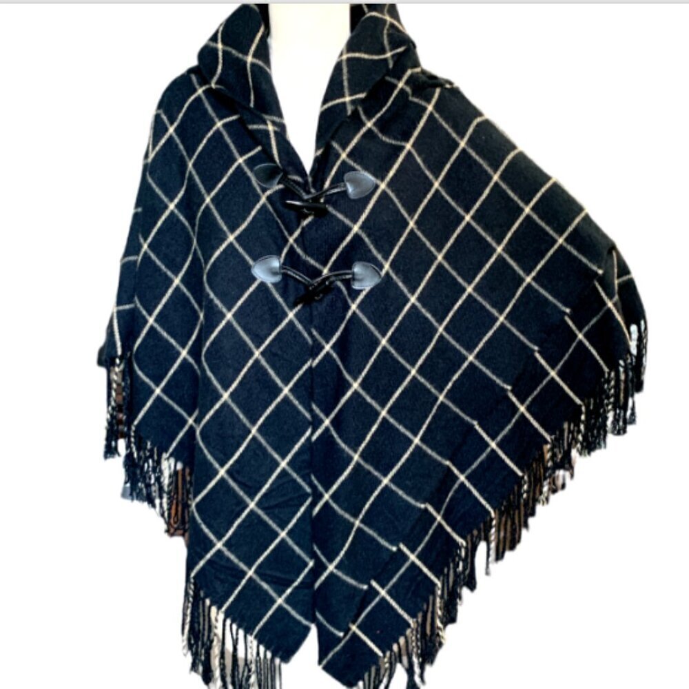 Croft & Barrow Plaid Fringed Poncho Shawl Wrap One Size Black #63A
